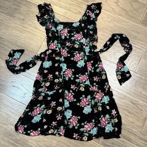 Johnny Was 4 Love‎ And Liberty Velvet Silk Floral Dress Black Pink Boho Ruffle S